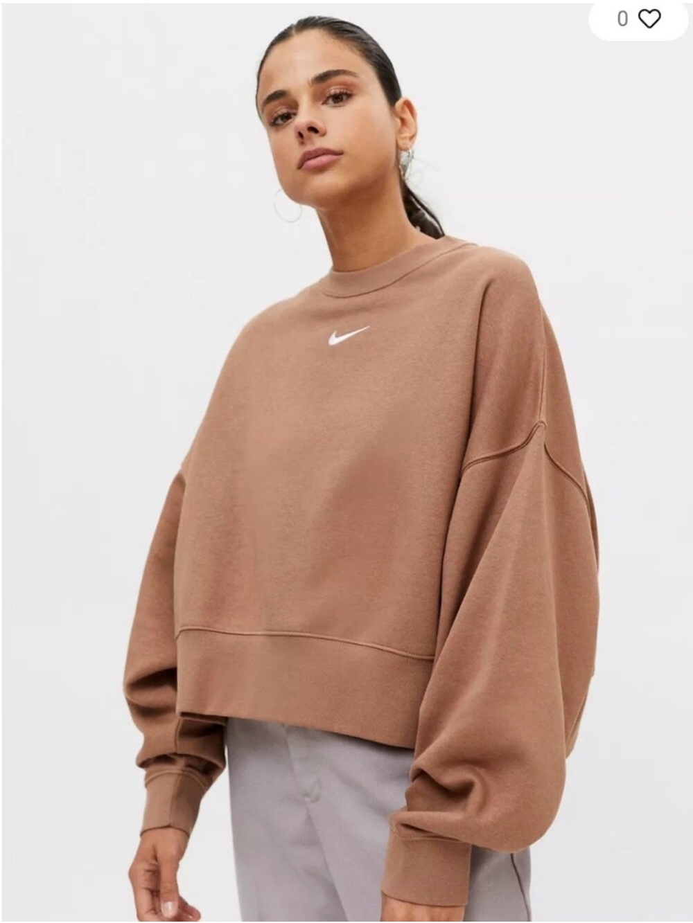 Nike Women’s Camel Brown Cropped Crew Sweatshirt with White Swoosh